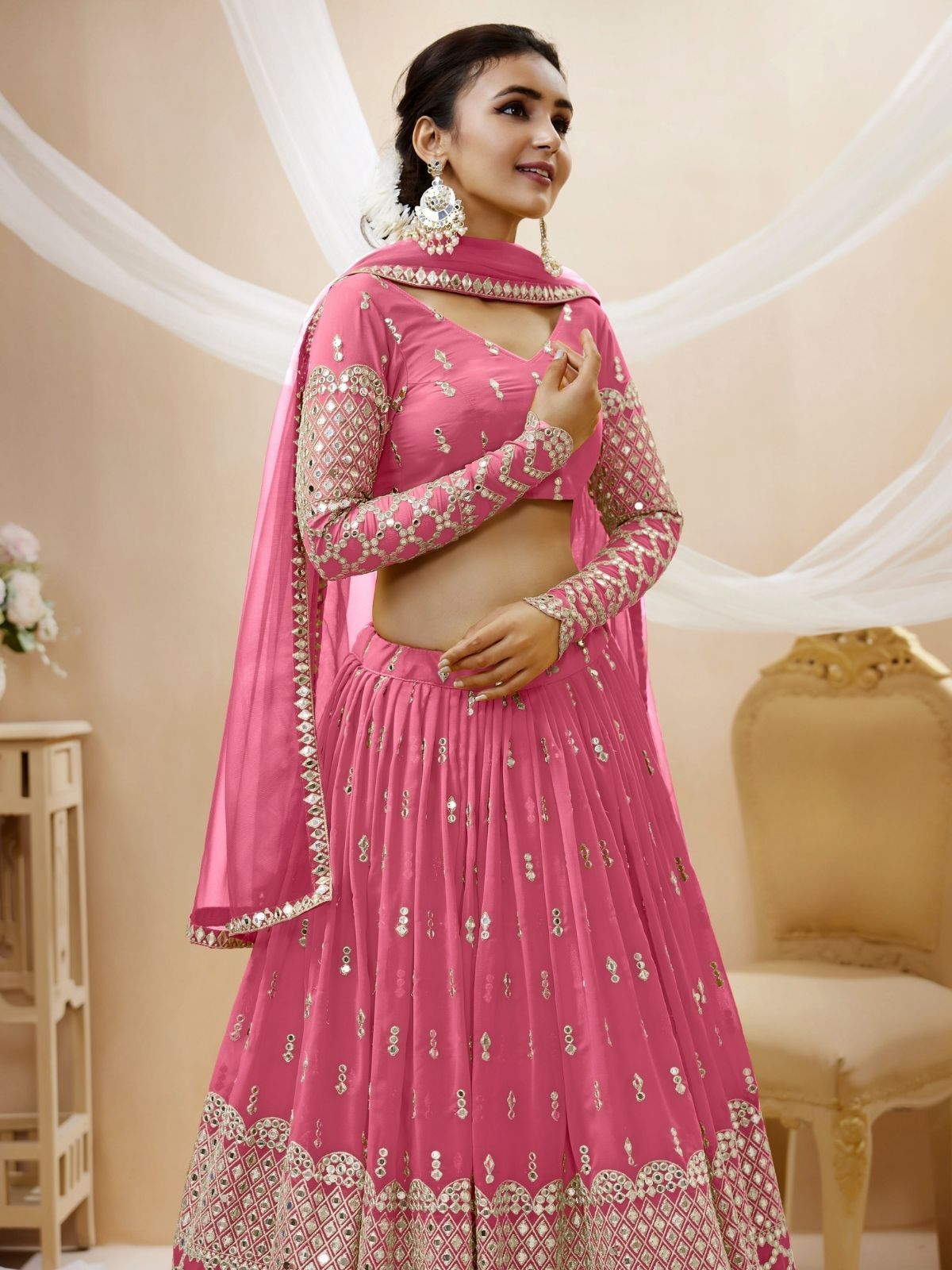 Odette Pink Georgette Embroidered Semi Stitched Lehenga With Unstitched Blouse For Women