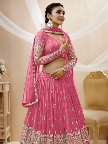 Odette Pink Georgette Embroidered Semi Stitched Lehenga With Unstitched Blouse For Women