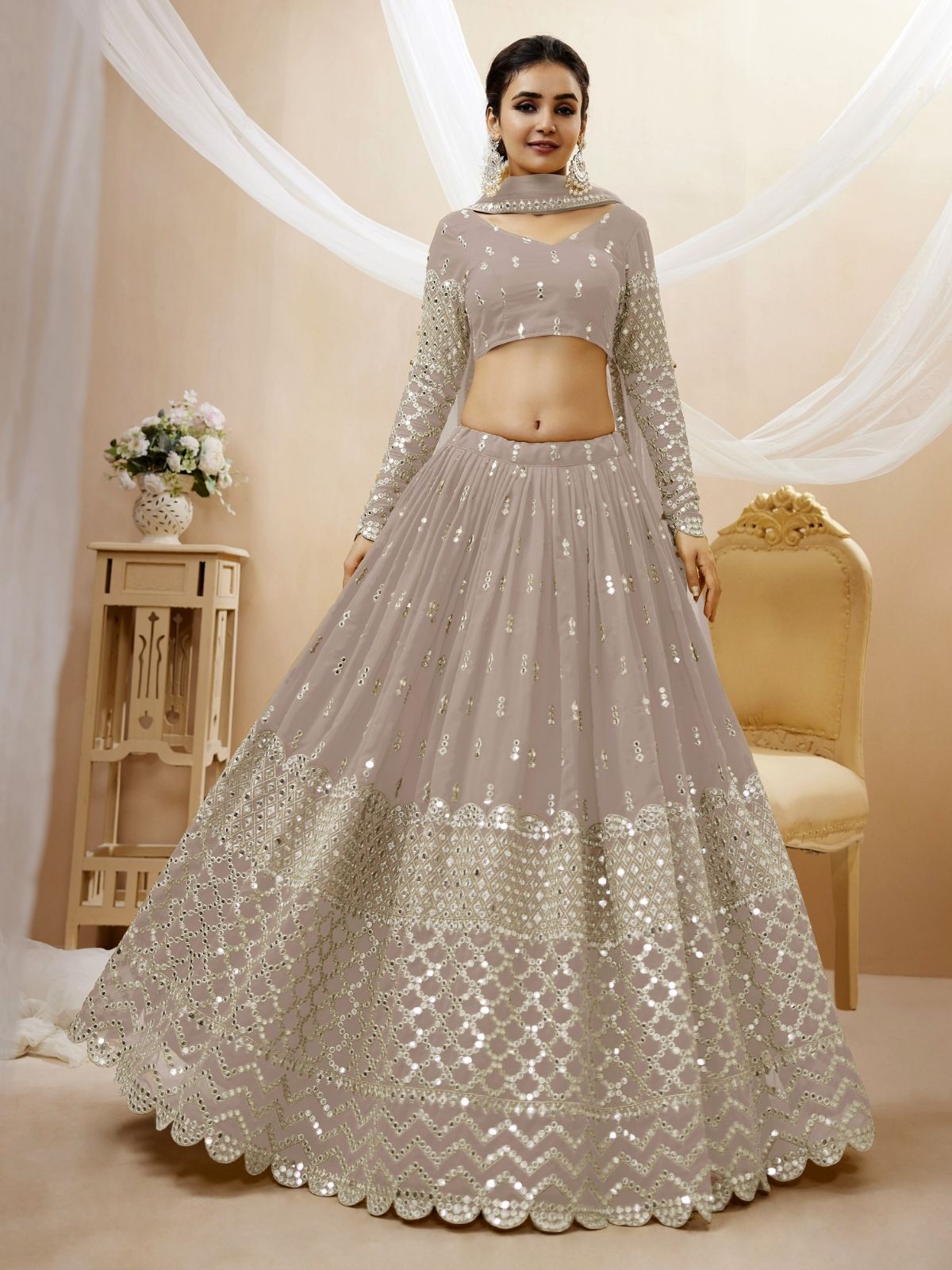 Odette Grey Georgette Embroidered Semi Stitched Lehenga With Unstitched Blouse For Women