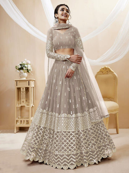 Odette Grey Georgette Embroidered Semi Stitched Lehenga With Unstitched Blouse For Women
