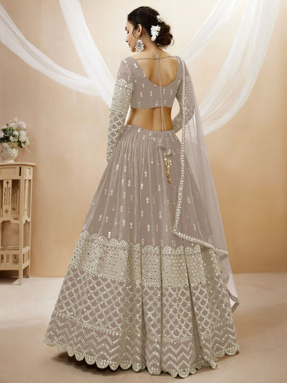 Odette Grey Georgette Embroidered Semi Stitched Lehenga With Unstitched Blouse For Women