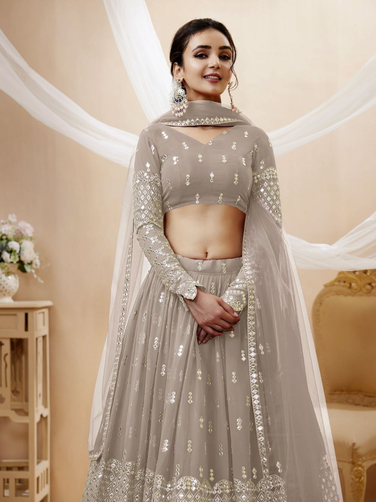 Odette Grey Georgette Embroidered Semi Stitched Lehenga With Unstitched Blouse For Women