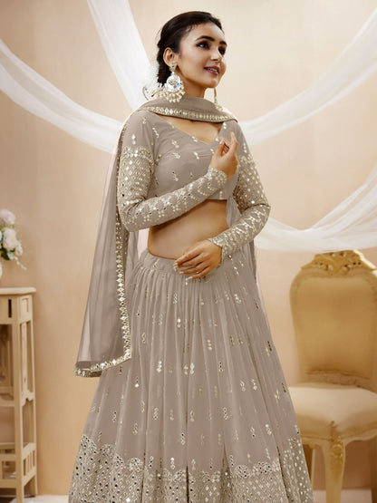 Odette Grey Georgette Embroidered Semi Stitched Lehenga With Unstitched Blouse For Women