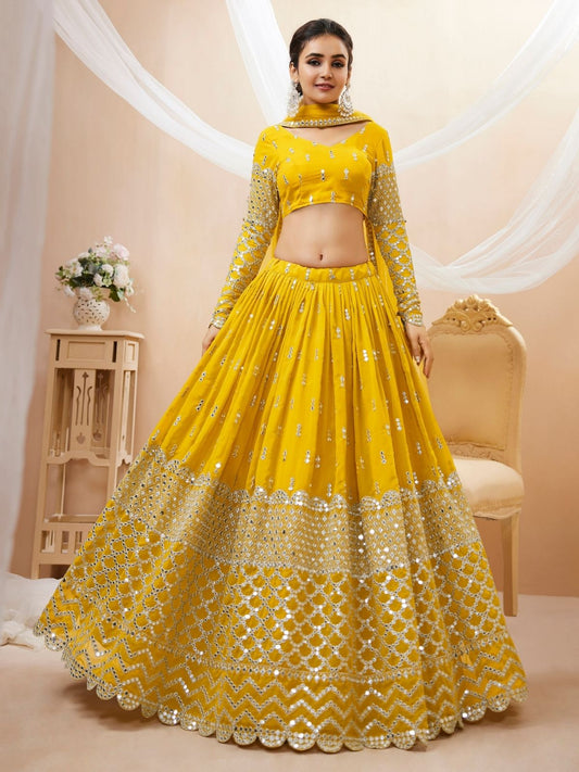 Odette Yellow Georgette Embroidered Semi Stitched Lehenga With Unstitched Blouse For Women