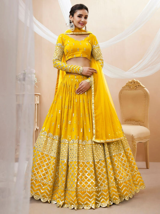 Odette Yellow Georgette Embroidered Semi Stitched Lehenga With Unstitched Blouse For Women