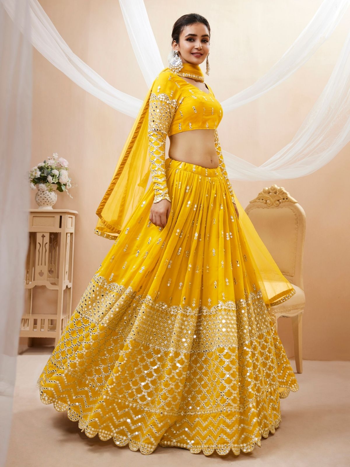 Odette Yellow Georgette Embroidered Semi Stitched Lehenga With Unstitched Blouse For Women