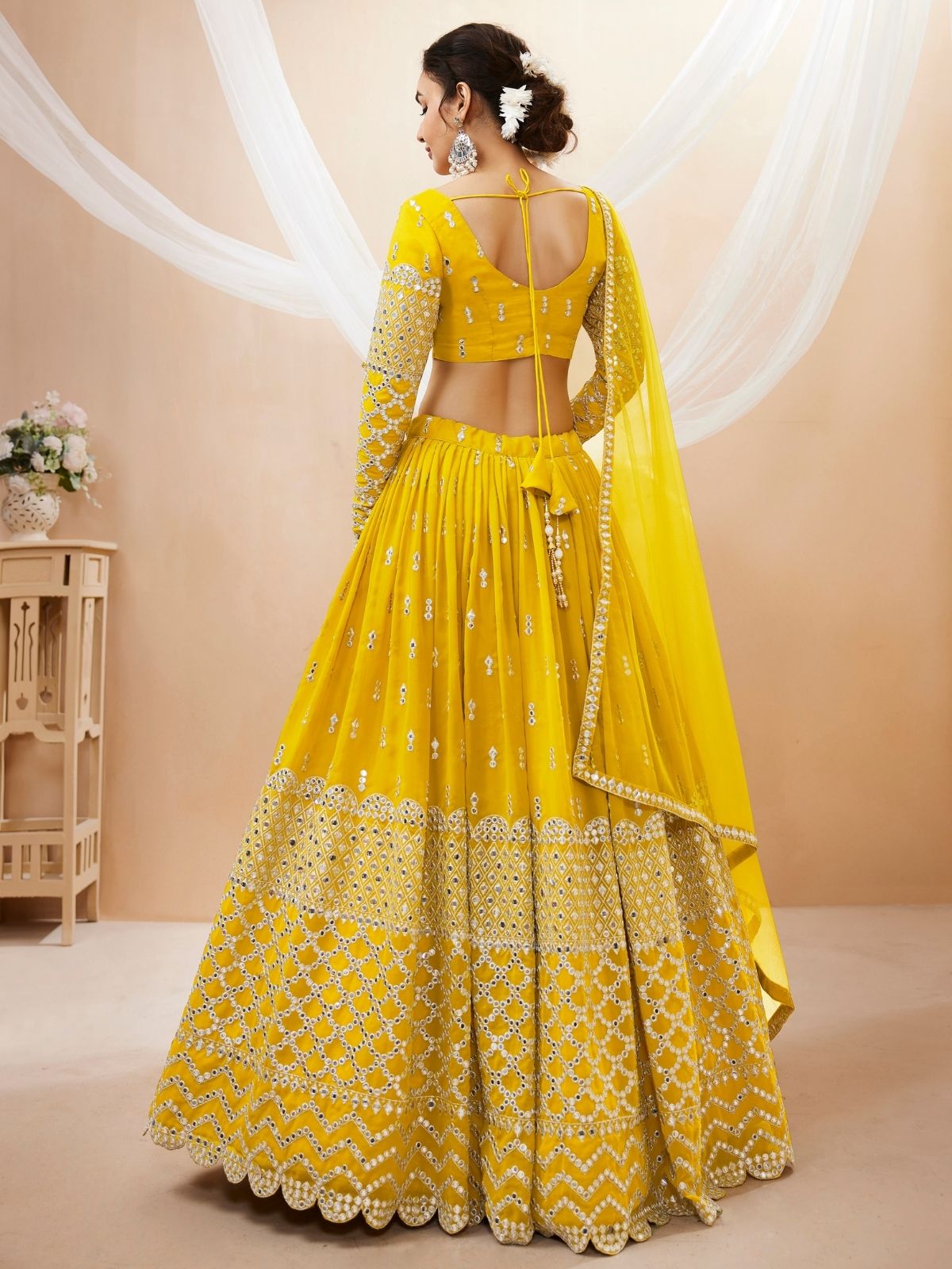 Odette Yellow Georgette Embroidered Semi Stitched Lehenga With Unstitched Blouse For Women