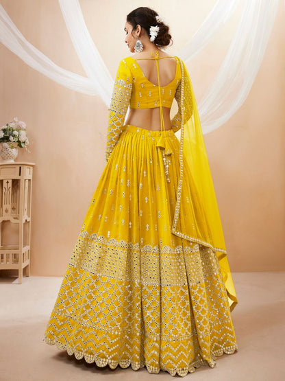 Odette Yellow Georgette Embroidered Semi Stitched Lehenga With Unstitched Blouse For Women