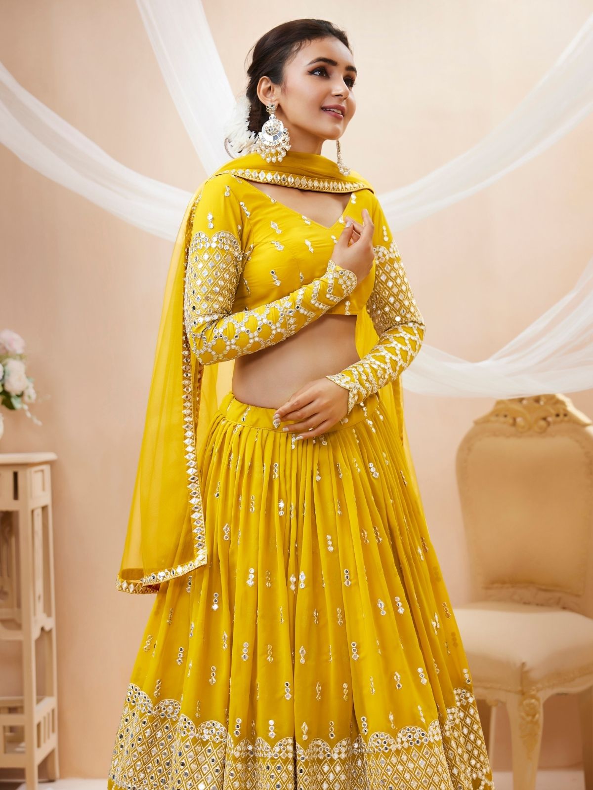 Odette Yellow Georgette Embroidered Semi Stitched Lehenga With Unstitched Blouse For Women