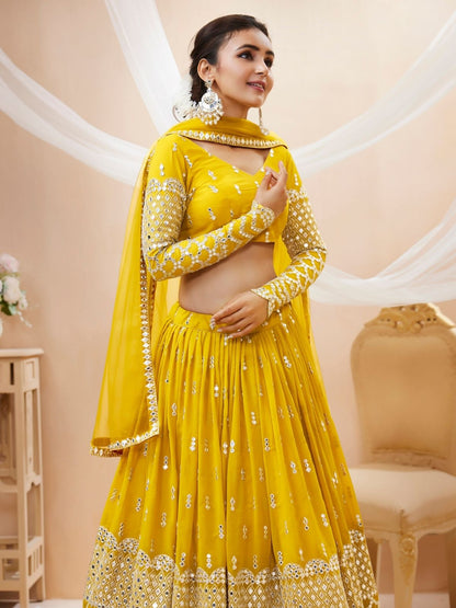 Odette Yellow Georgette Embroidered Semi Stitched Lehenga With Unstitched Blouse For Women