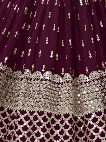 Odette Wine Georgette Embroidered Semi Stitched Lehenga With Unstitched Blouse For Women