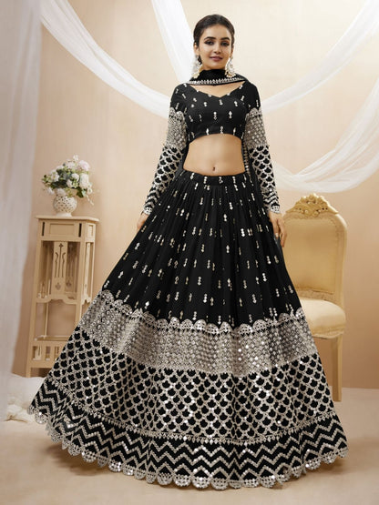 Odette Black Georgette Embroidered Semi Stitched Lehenga With Unstitched Blouse For Women