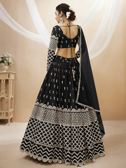 Odette Black Georgette Embroidered Semi Stitched Lehenga With Unstitched Blouse For Women
