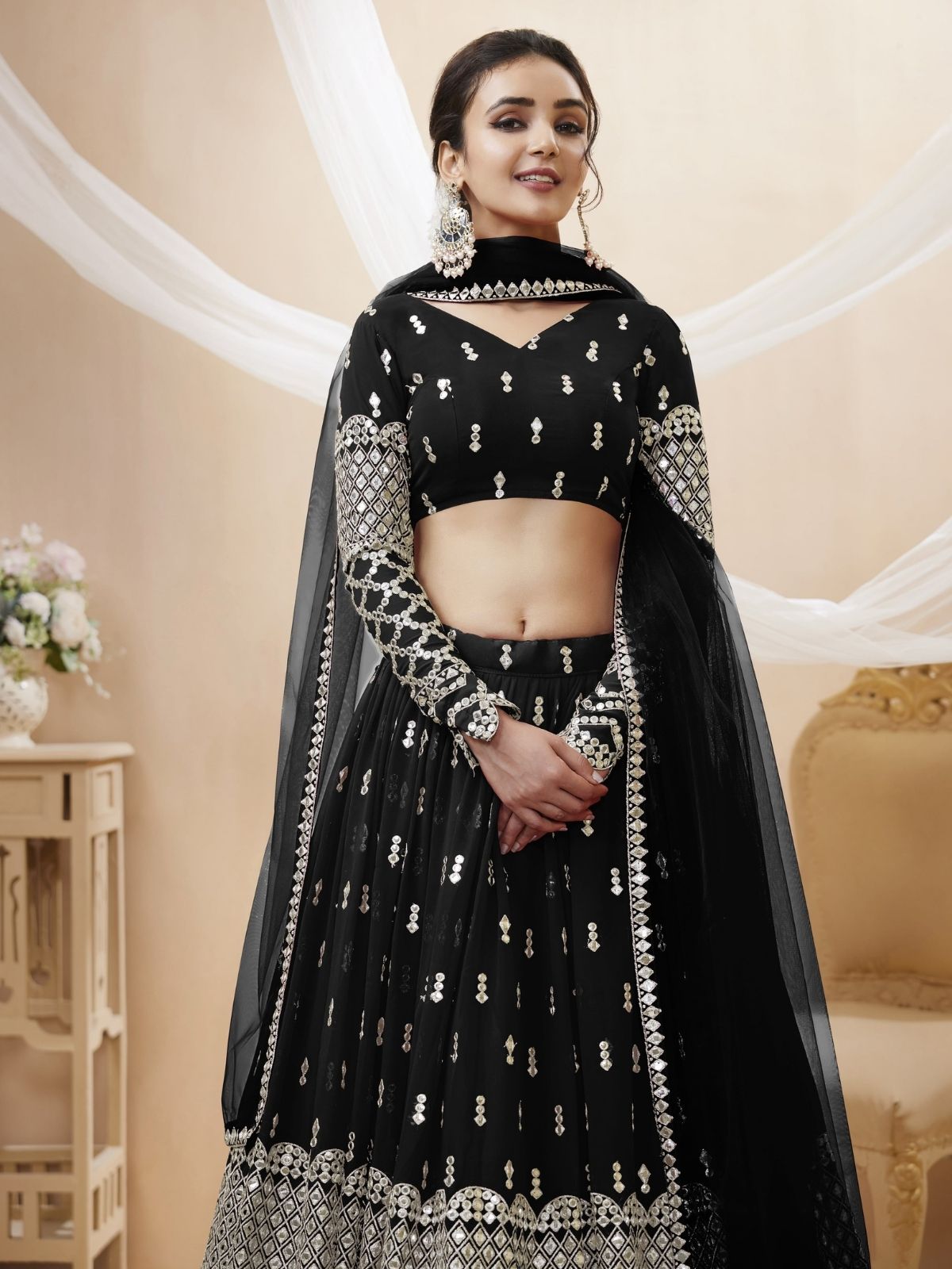 Odette Black Georgette Embroidered Semi Stitched Lehenga With Unstitched Blouse For Women
