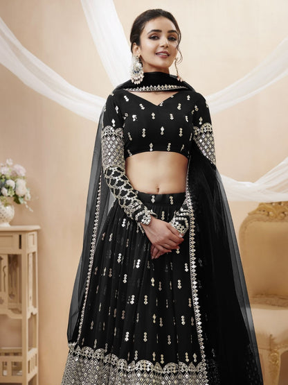 Odette Black Georgette Embroidered Semi Stitched Lehenga With Unstitched Blouse For Women
