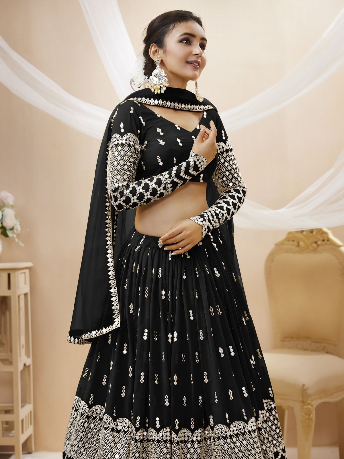 Odette Black Georgette Embroidered Semi Stitched Lehenga With Unstitched Blouse For Women