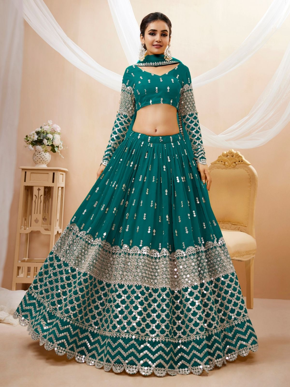 Odette Teal Georgette Embroidered Semi Stitched Lehenga With Unstitched Blouse For Women