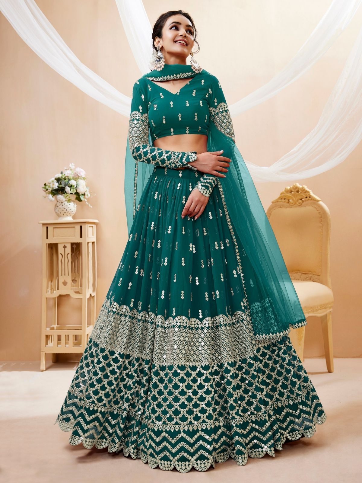 Odette Teal Georgette Embroidered Semi Stitched Lehenga With Unstitched Blouse For Women