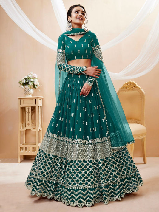 Odette Teal Georgette Embroidered Semi Stitched Lehenga With Unstitched Blouse For Women