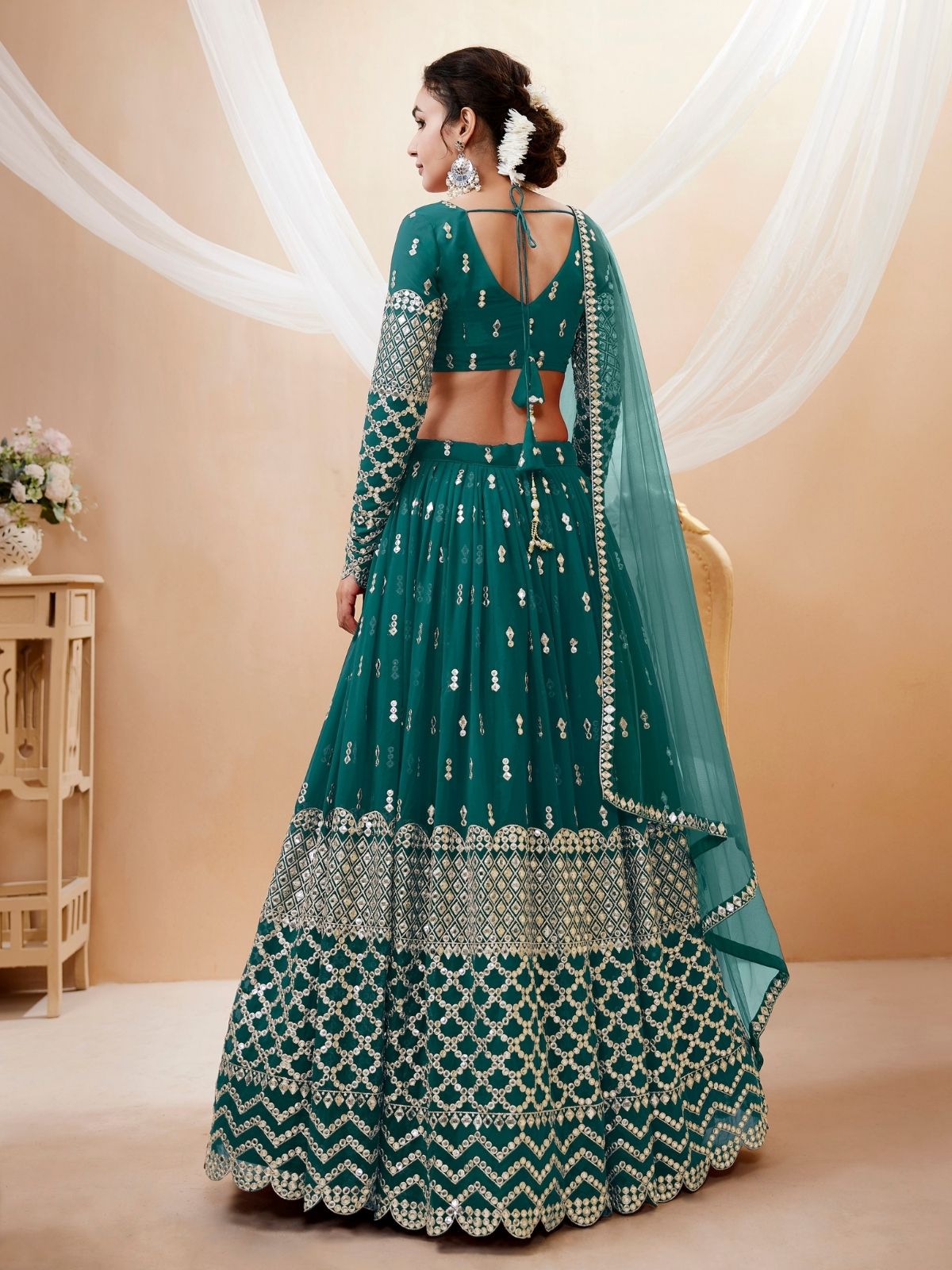 Odette Teal Georgette Embroidered Semi Stitched Lehenga With Unstitched Blouse For Women