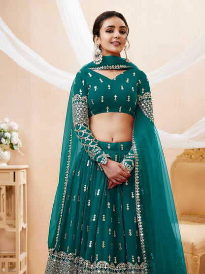 Odette Teal Georgette Embroidered Semi Stitched Lehenga With Unstitched Blouse For Women