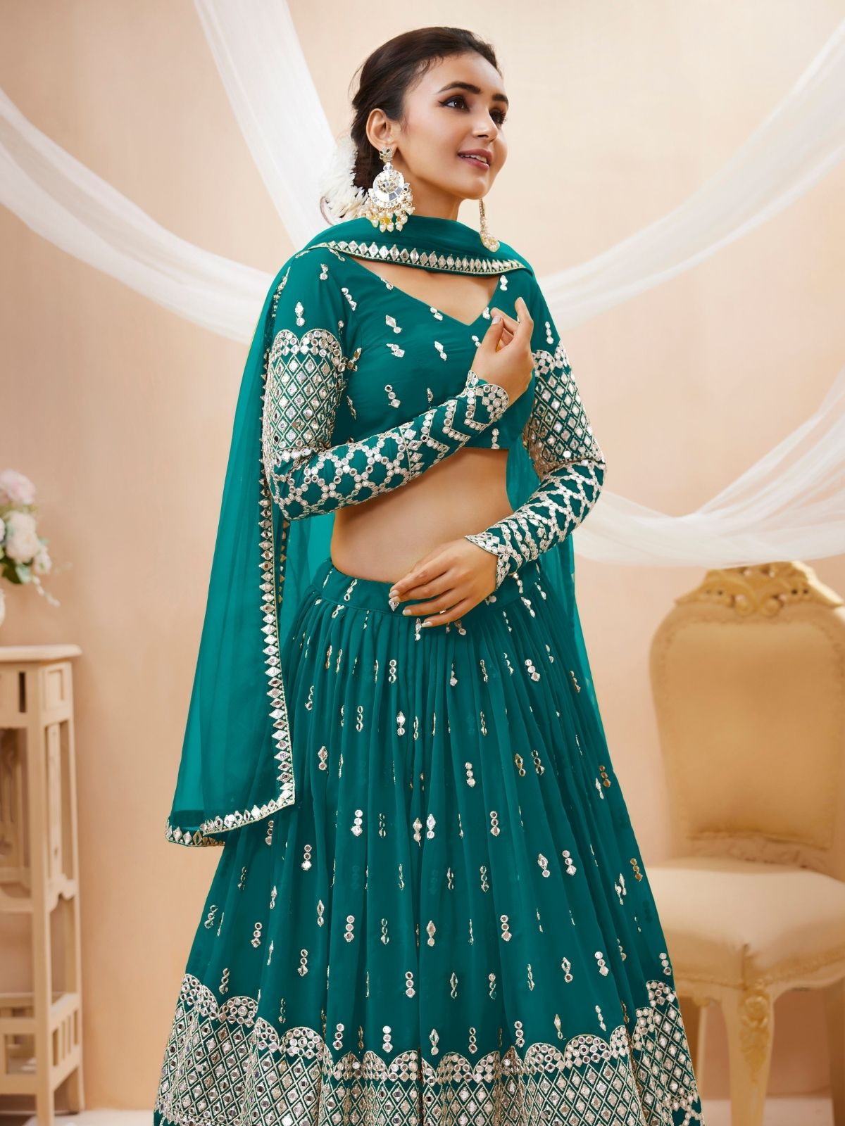 Odette Teal Georgette Embroidered Semi Stitched Lehenga With Unstitched Blouse For Women