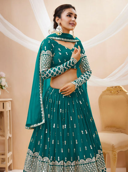 Odette Teal Georgette Embroidered Semi Stitched Lehenga With Unstitched Blouse For Women