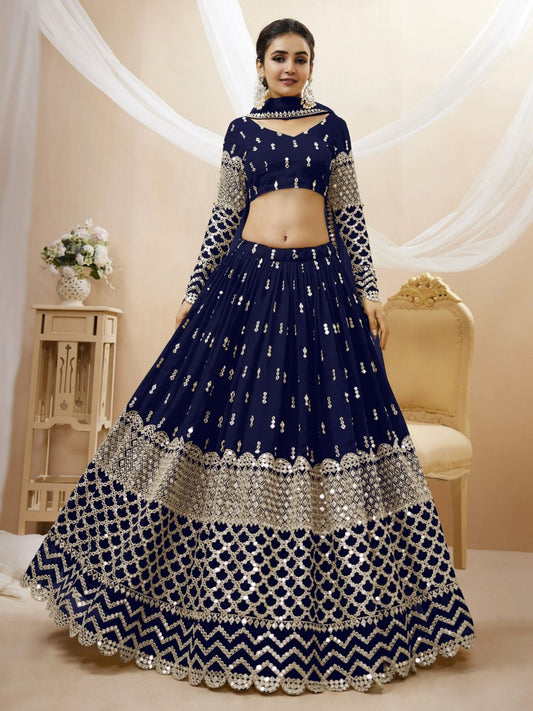 Odette Navy Blue Georgette Embroidered Semi Stitched Lehenga With Unstitched Blouse For Women