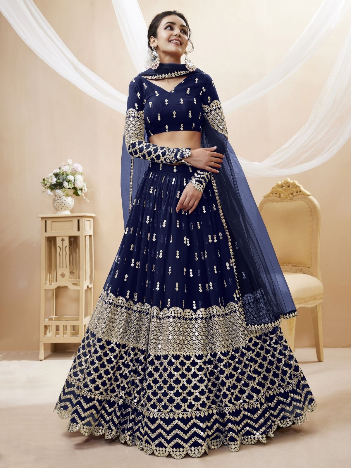 Odette Navy Blue Georgette Embroidered Semi Stitched Lehenga With Unstitched Blouse For Women