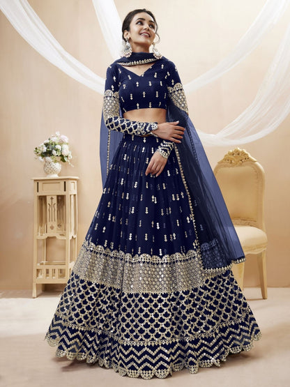 Odette Navy Blue Georgette Embroidered Semi Stitched Lehenga With Unstitched Blouse For Women