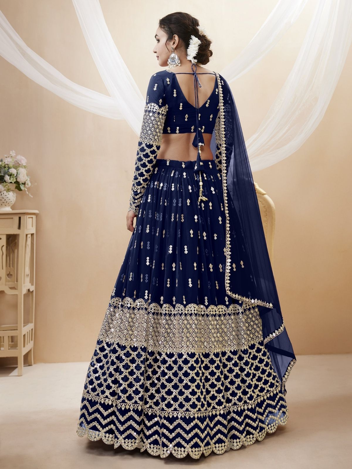 Odette Navy Blue Georgette Embroidered Semi Stitched Lehenga With Unstitched Blouse For Women
