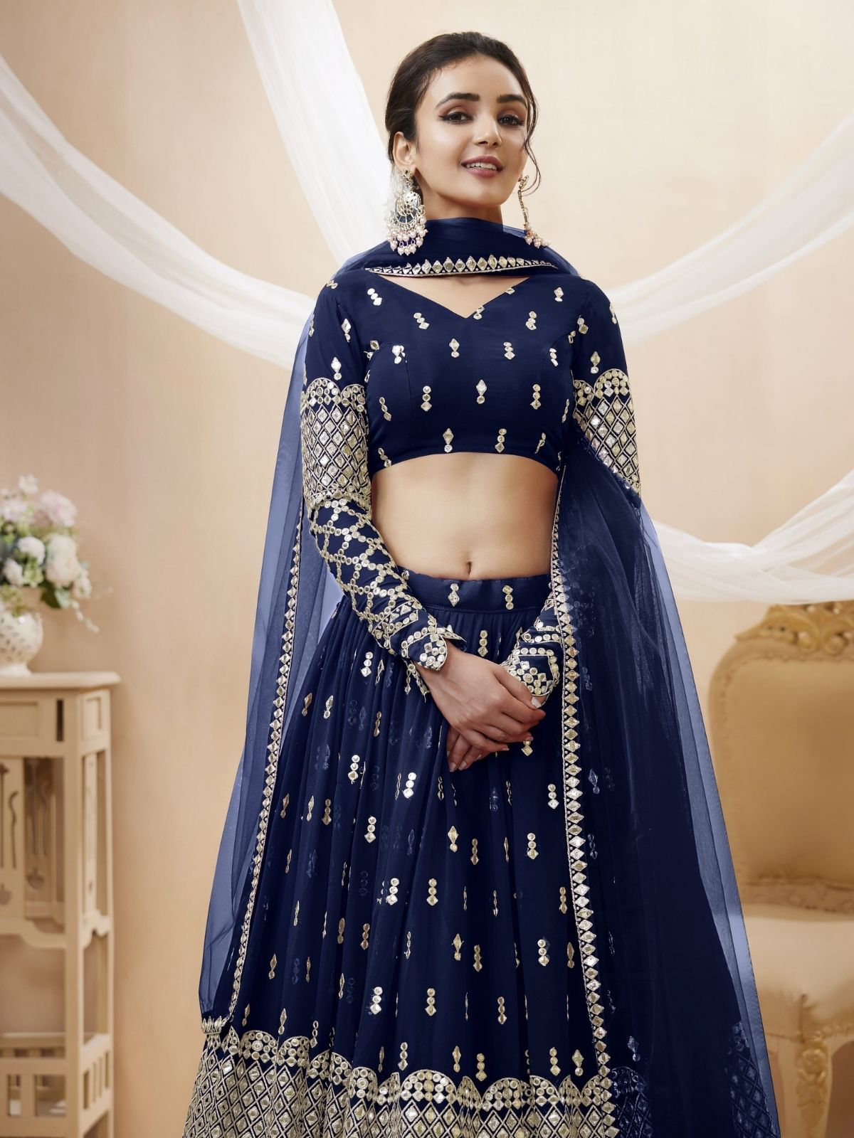 Odette Navy Blue Georgette Embroidered Semi Stitched Lehenga With Unstitched Blouse For Women