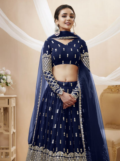 Odette Navy Blue Georgette Embroidered Semi Stitched Lehenga With Unstitched Blouse For Women