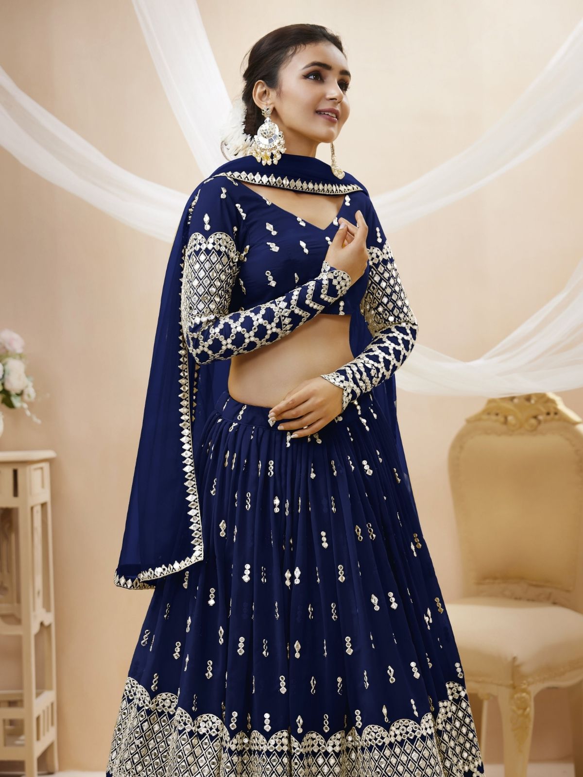 Odette Navy Blue Georgette Embroidered Semi Stitched Lehenga With Unstitched Blouse For Women
