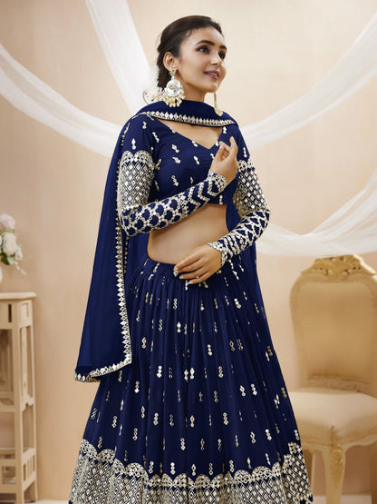 Odette Navy Blue Georgette Embroidered Semi Stitched Lehenga With Unstitched Blouse For Women