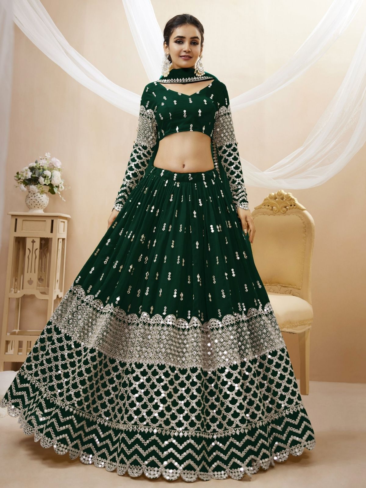 Odette Green Georgette Embroidered Semi Stitched Lehenga With Unstitched Blouse For Women
