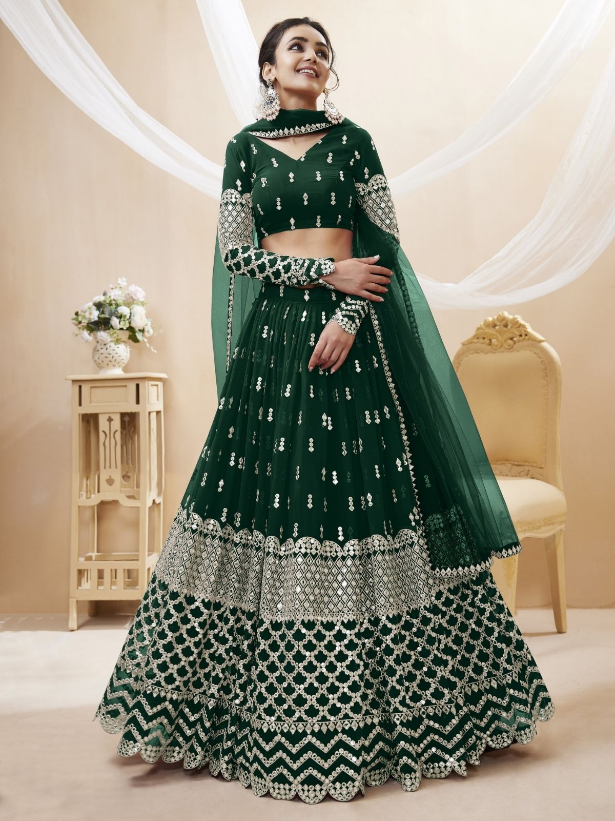 Odette Green Georgette Embroidered Semi Stitched Lehenga With Unstitched Blouse For Women