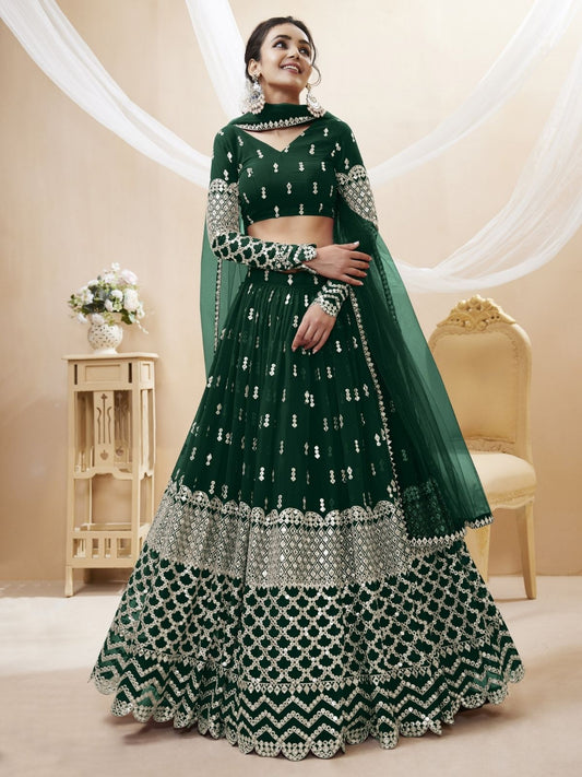 Odette Green Georgette Embroidered Semi Stitched Lehenga With Unstitched Blouse For Women