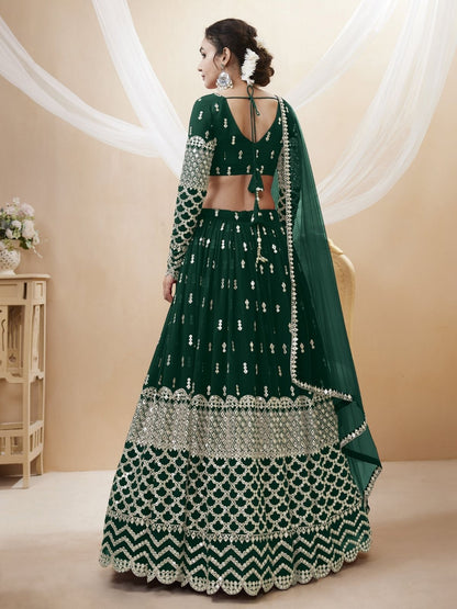 Odette Green Georgette Embroidered Semi Stitched Lehenga With Unstitched Blouse For Women