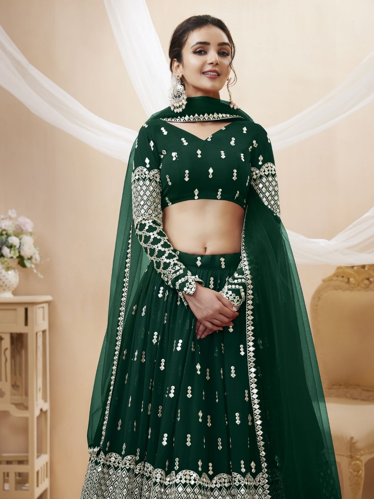 Odette Green Georgette Embroidered Semi Stitched Lehenga With Unstitched Blouse For Women
