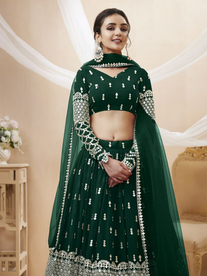 Odette Green Georgette Embroidered Semi Stitched Lehenga With Unstitched Blouse For Women