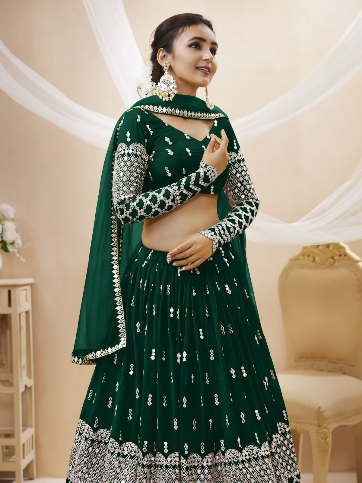 Odette Green Georgette Embroidered Semi Stitched Lehenga With Unstitched Blouse For Women