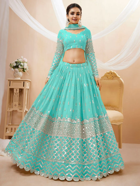 Odette Light Blue Georgette Embroidered Semi Stitched Lehenga With Unstitched Blouse For Women