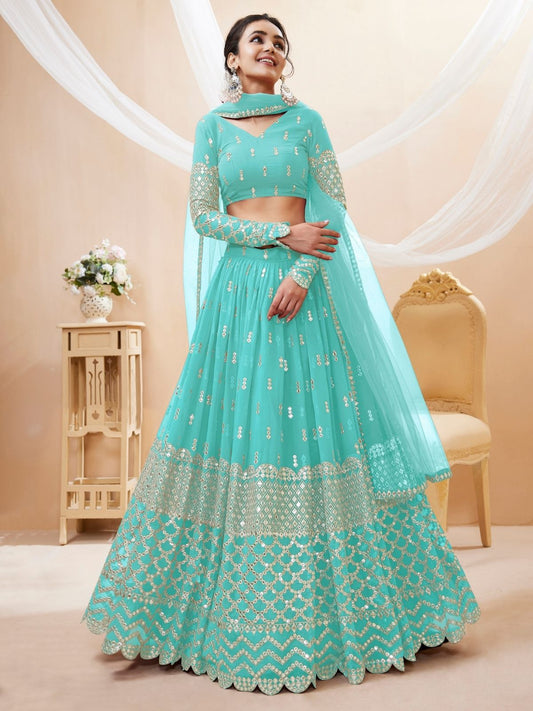 Odette Light Blue Georgette Embroidered Semi Stitched Lehenga With Unstitched Blouse For Women