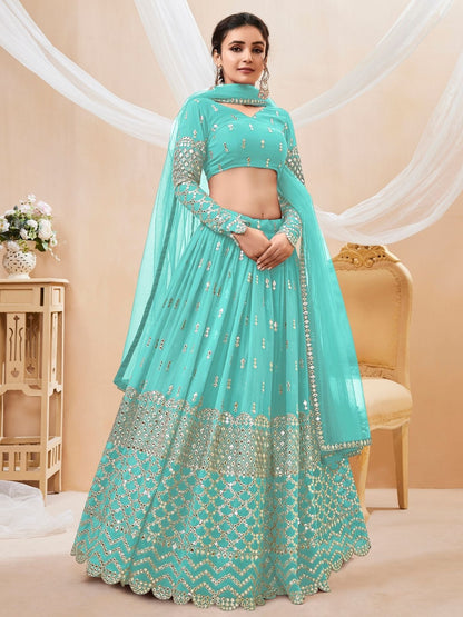 Odette Light Blue Georgette Embroidered Semi Stitched Lehenga With Unstitched Blouse For Women