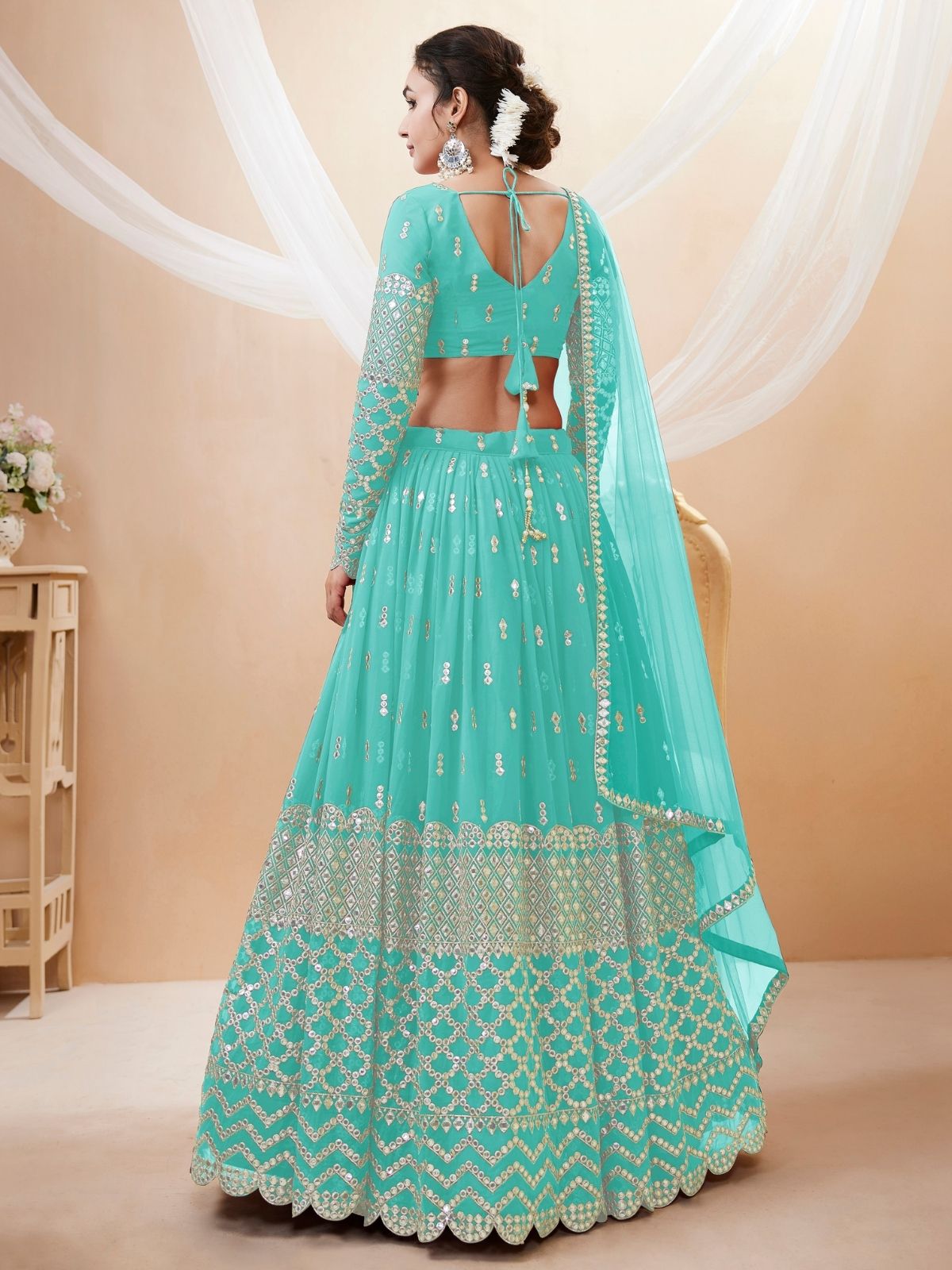 Odette Light Blue Georgette Embroidered Semi Stitched Lehenga With Unstitched Blouse For Women