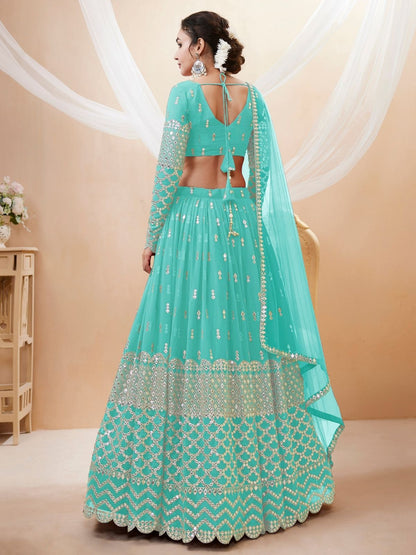 Odette Light Blue Georgette Embroidered Semi Stitched Lehenga With Unstitched Blouse For Women