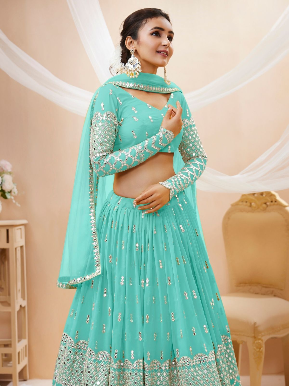 Odette Light Blue Georgette Embroidered Semi Stitched Lehenga With Unstitched Blouse For Women