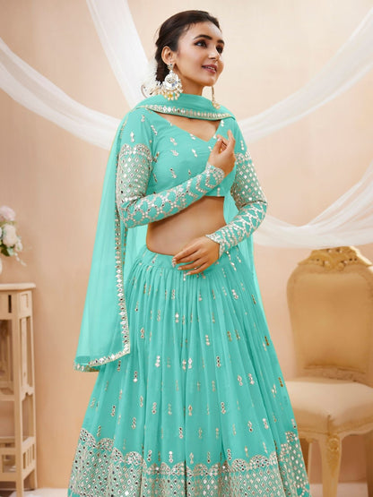 Odette Light Blue Georgette Embroidered Semi Stitched Lehenga With Unstitched Blouse For Women