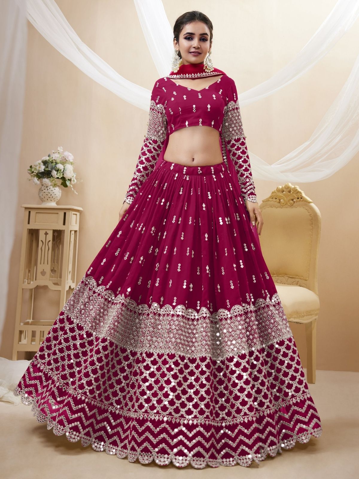 Odette Dark Pink Georgette Embroidered Semi Stitched Lehenga With Unstitched Blouse For Women
